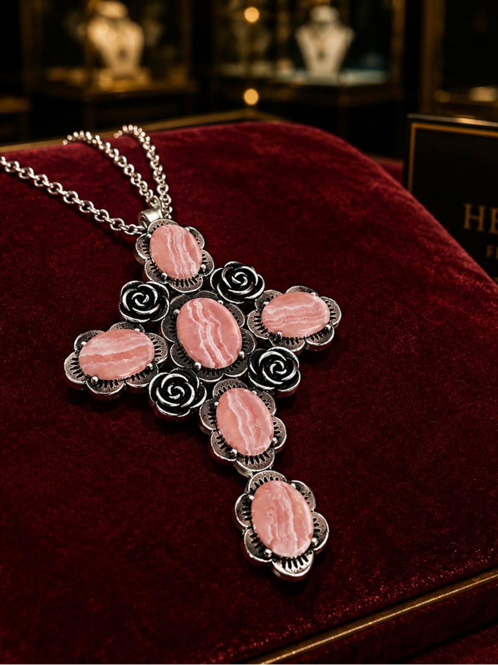 Southwest Pink Rhodochrosite Sterling Silver Cross Pendant With 18" Chain